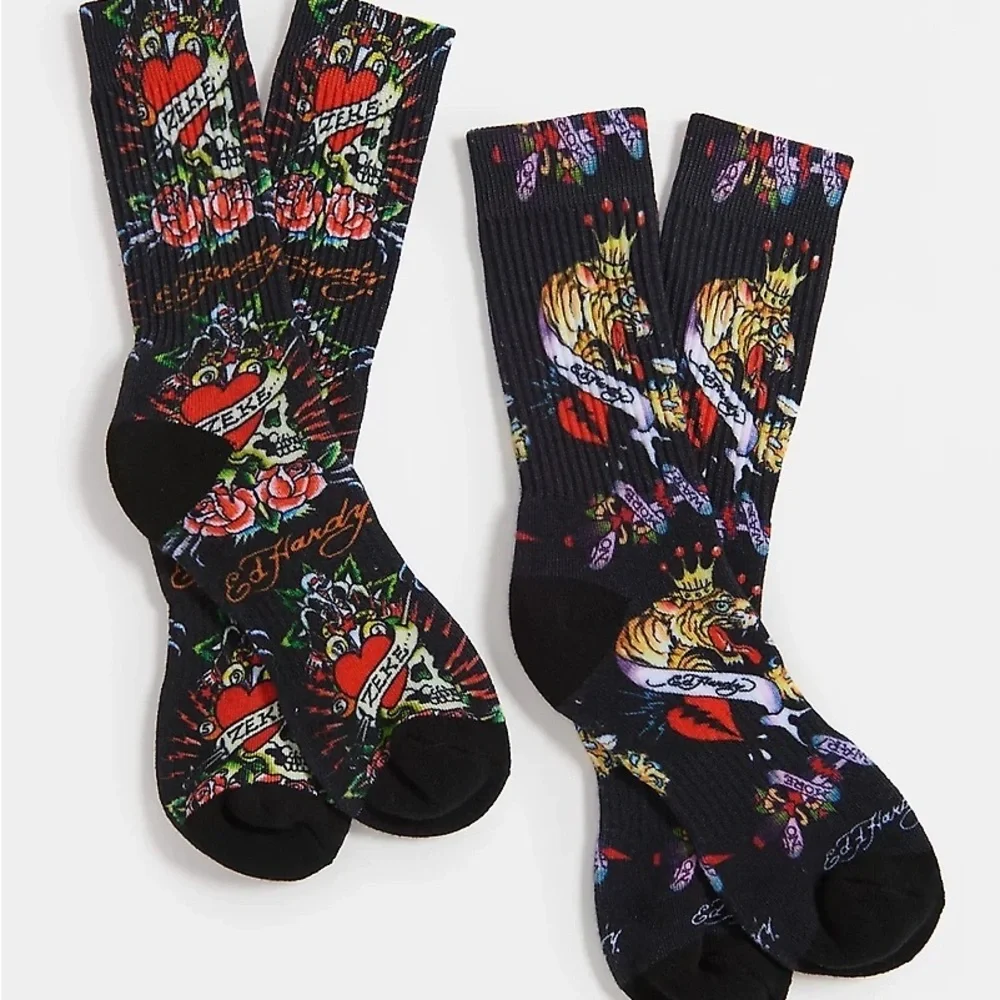 Ed Hardy Skull Tiger Black 2 Pack Crew Socks Sz 6-12